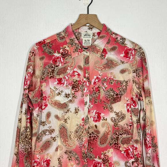 Ariat Floral Paisley Pearl Snap Button Up Shirt Sz XL Pink Western Cowgirl Rodeo - Picture 4 of 9